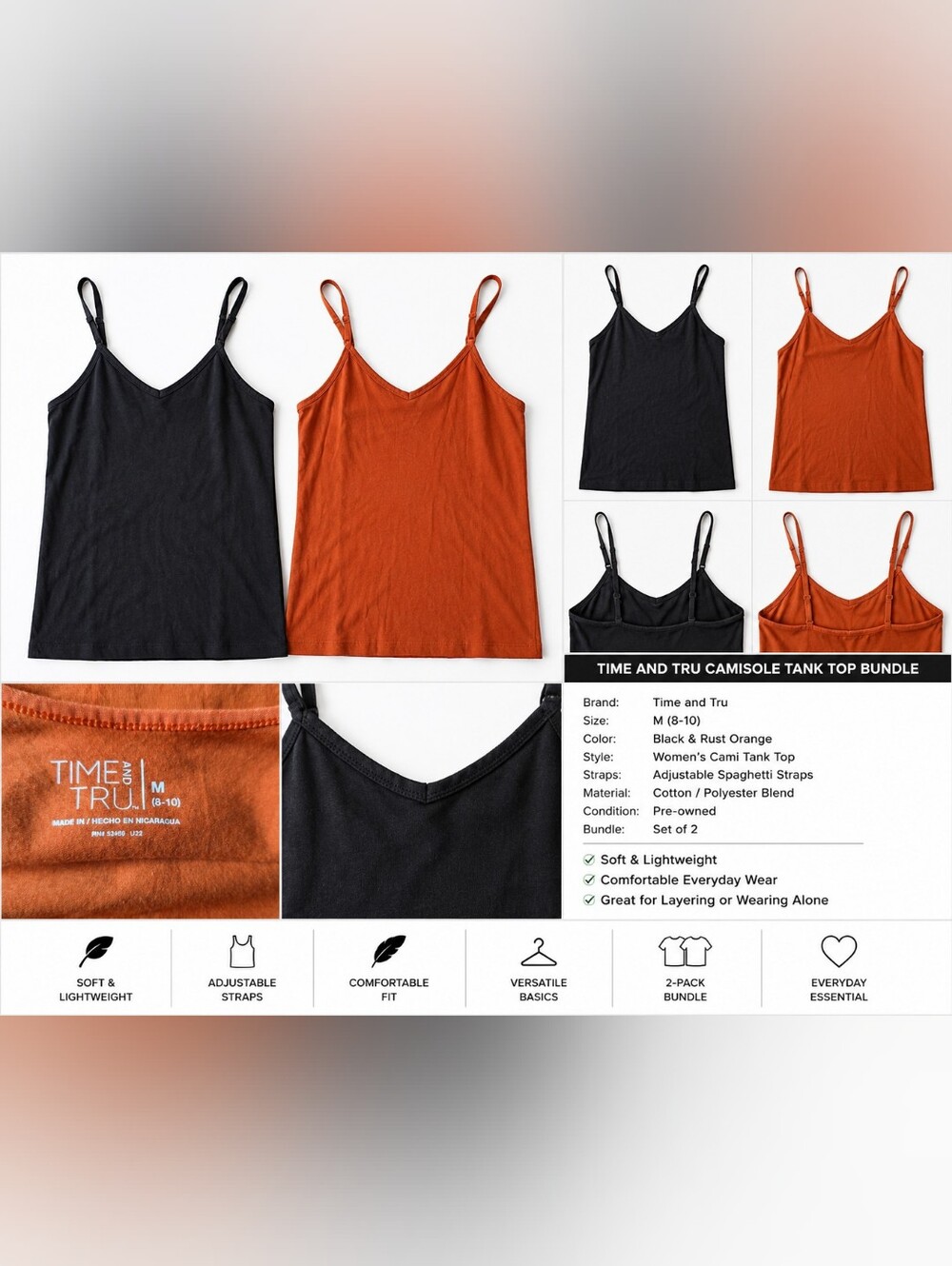 Time and Tru Rust Orange & Black Adjustable Strap Cami Tank Duo